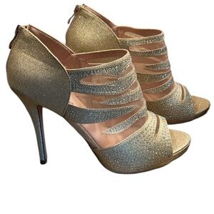 First Sight Gold Open Toe Mesh/Rhinestone Stiletto Heels with Zipper Backs  10